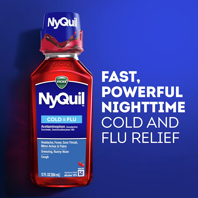 Vick's Nyquil Nighttime Cold & Flu Relief Cherry Flavor Liquid Syrup (8 fl oz) - Image 2